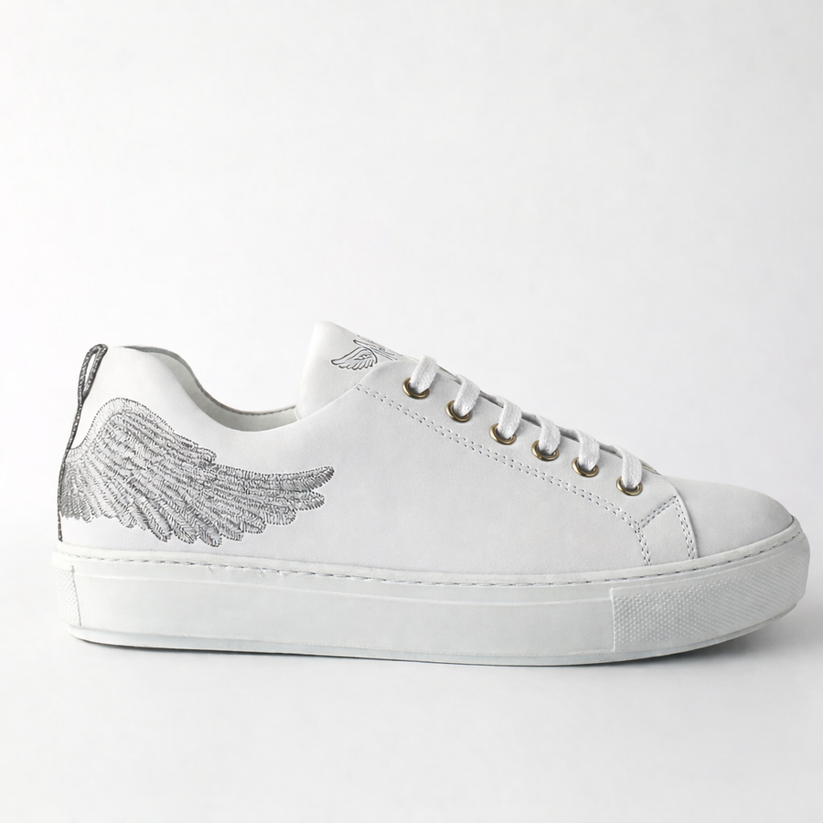 Angel's Ease White Leather Cup Sole Sneaker with Angel Wings